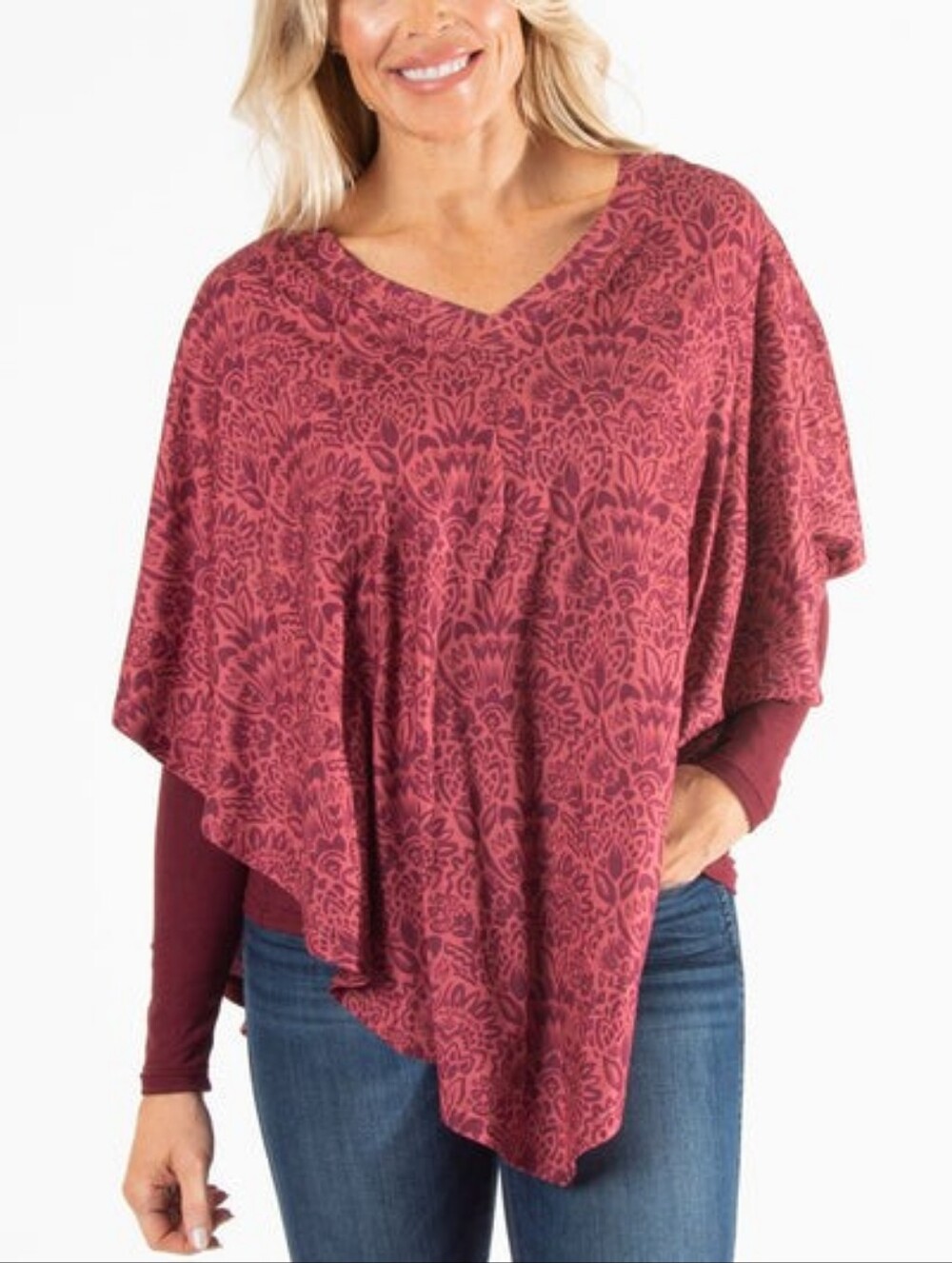 Arianna by Howard's Women Burgundy Floral Layered Poncho Shirt Size L/XL Stretch
